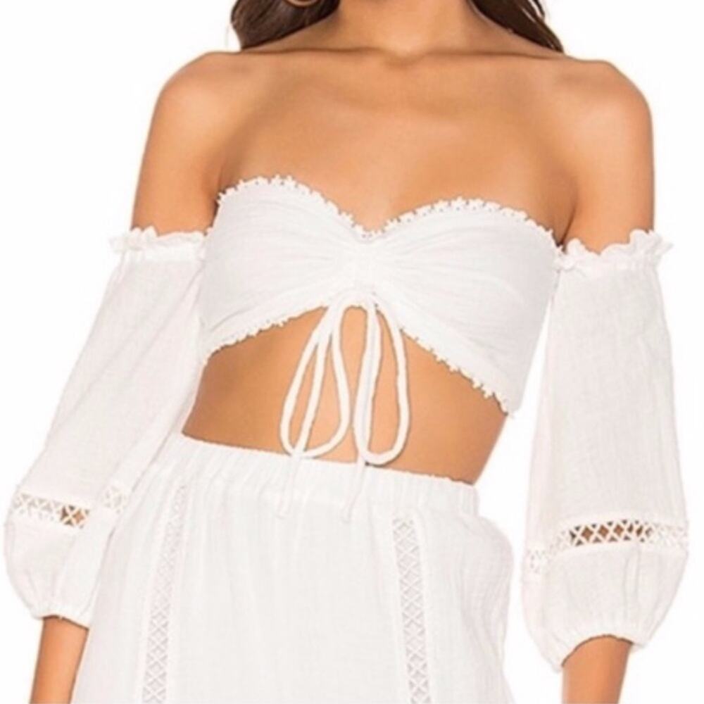 REVOLVE Majorelle White Privett Crop Eyelet Ruched Front Off Shoulder Top Medium